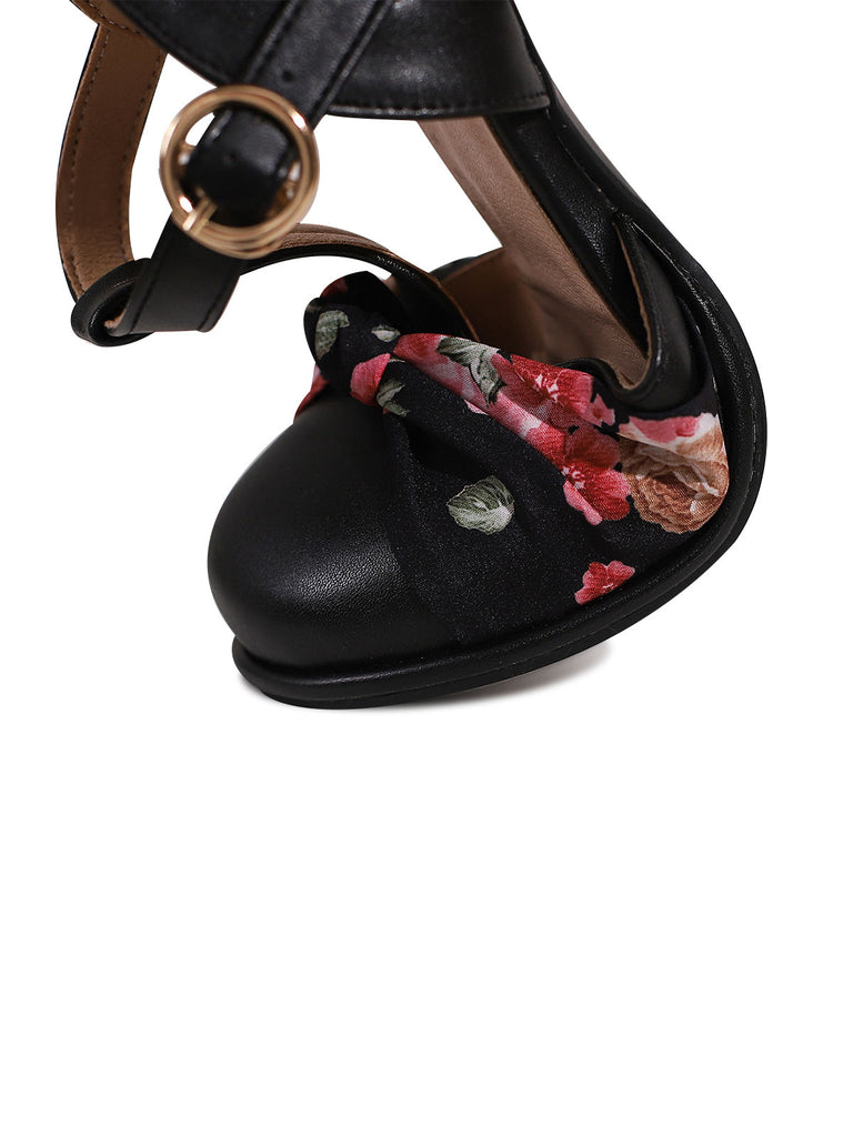 Vintage Bow Flower T-Buckle Chunky Heels