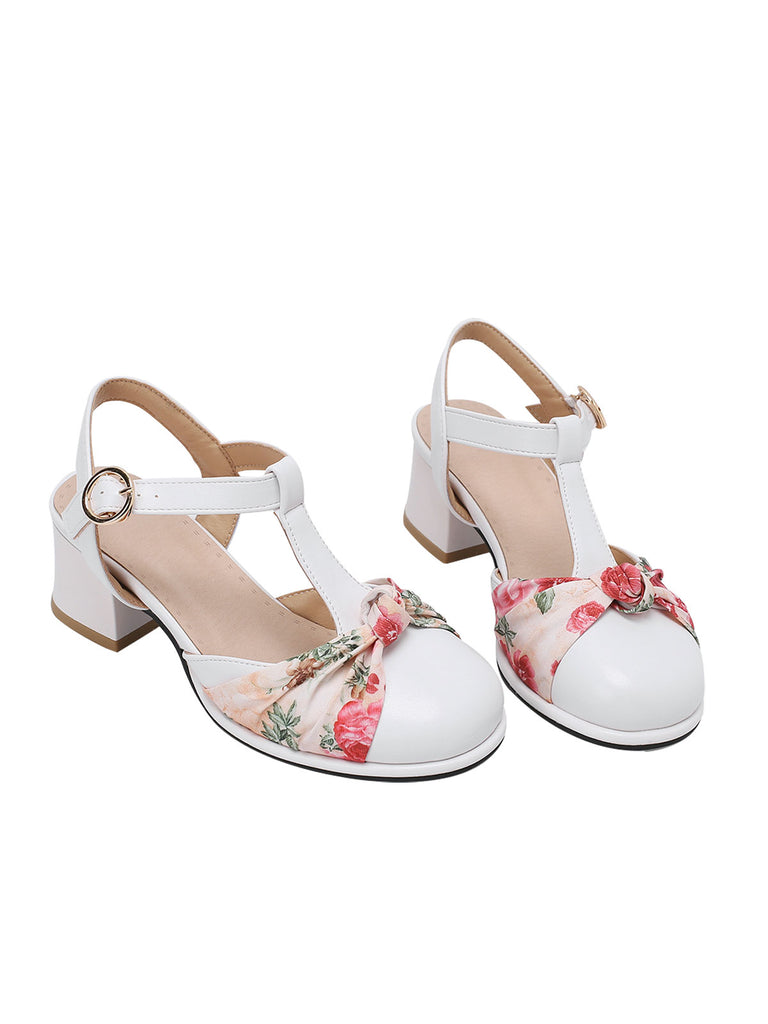 Vintage Bow Flower T-Buckle Chunky Heels