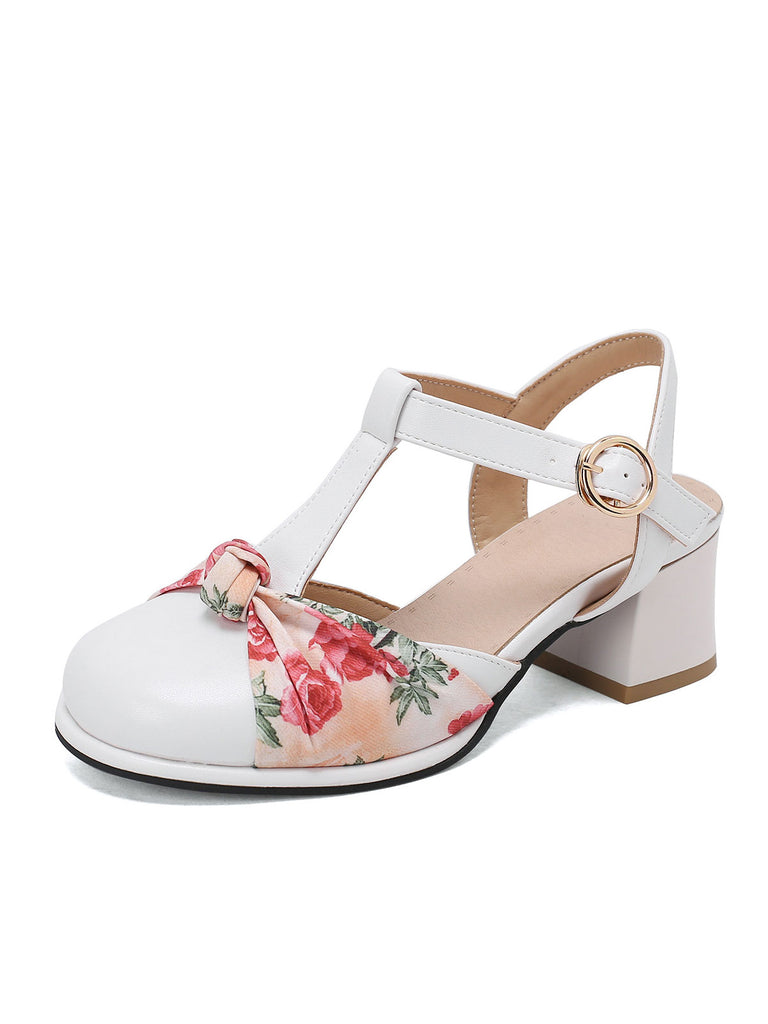 Vintage Bow Flower T-Buckle Chunky Heels