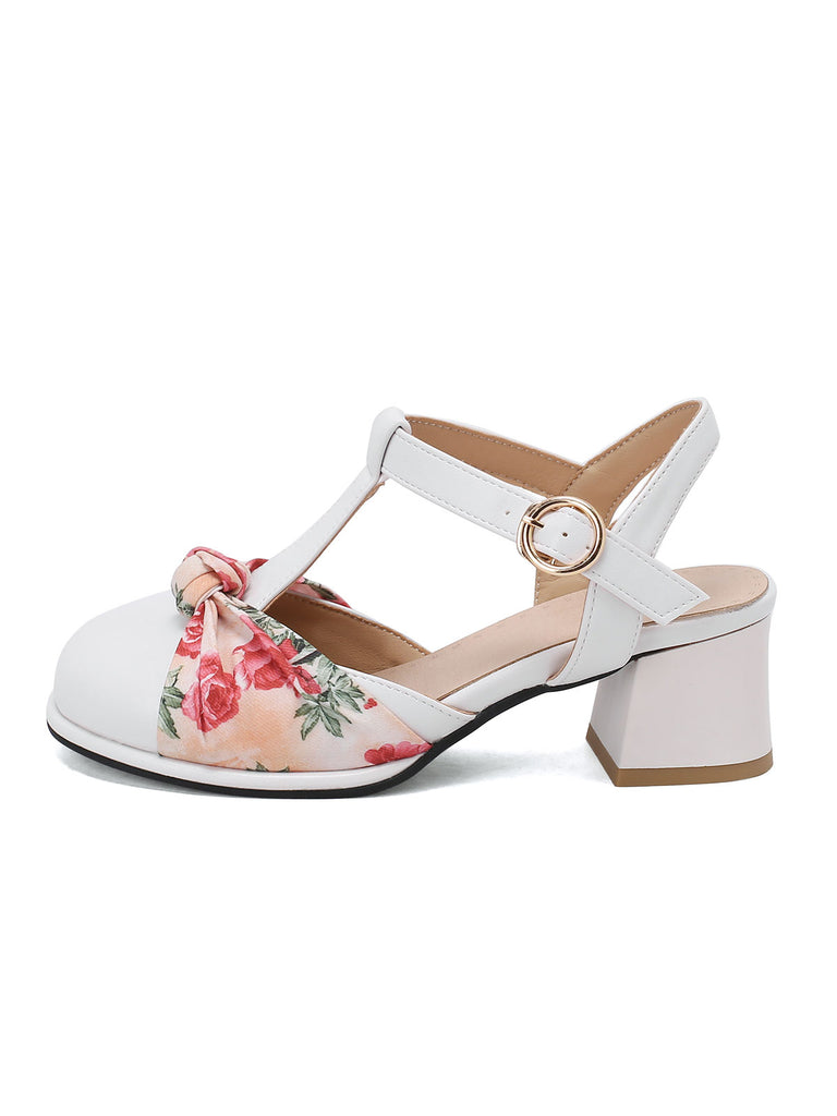 Vintage Bow Flower T-Buckle Chunky Heels