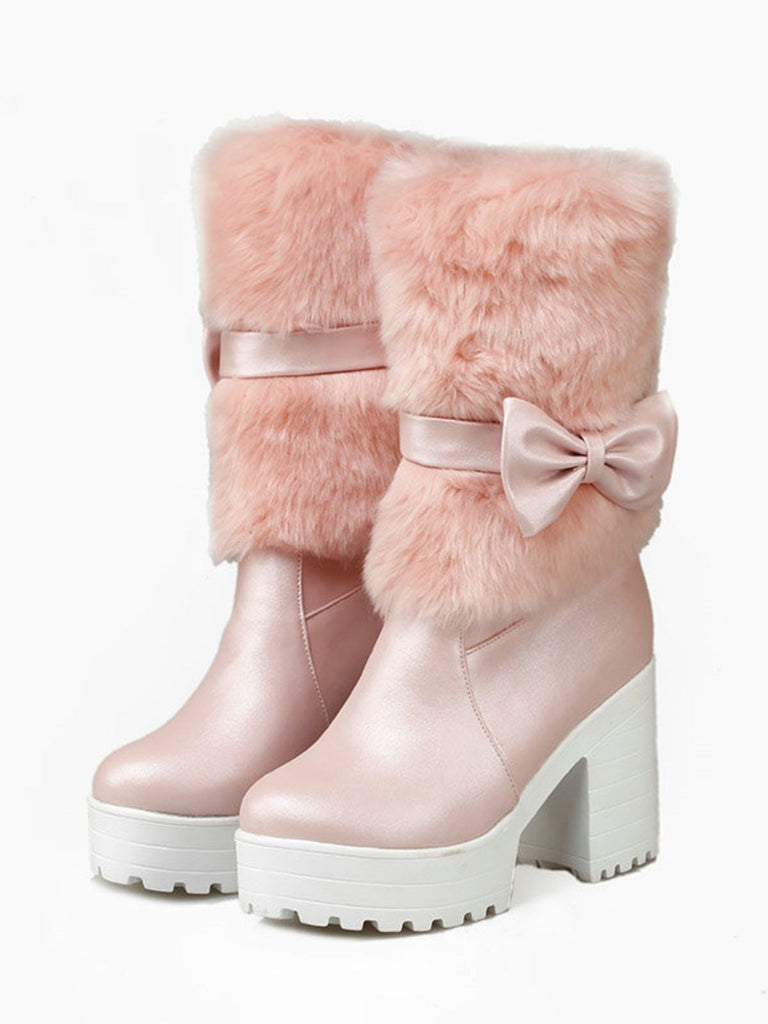 Mid-Calf Bow Decor High Heel Furry Boots