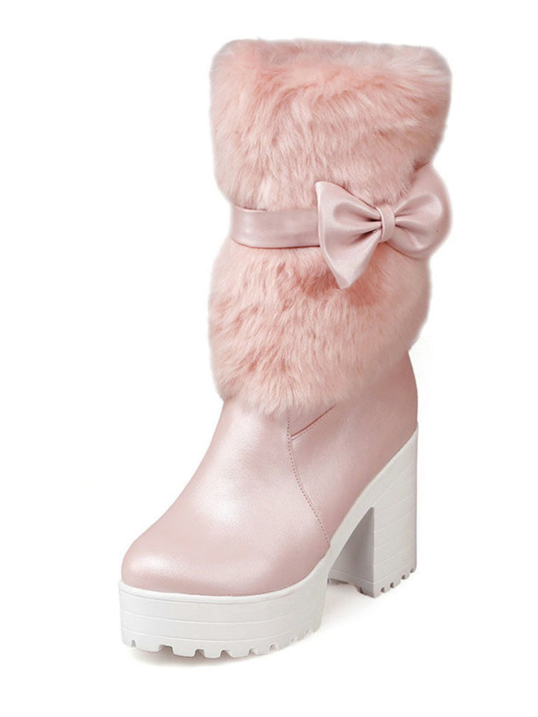 Mid-Calf Bow Decor High Heel Furry Boots