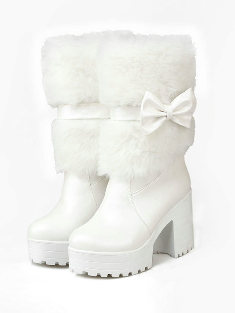 Mid-Calf Bow Decor High Heel Furry Boots