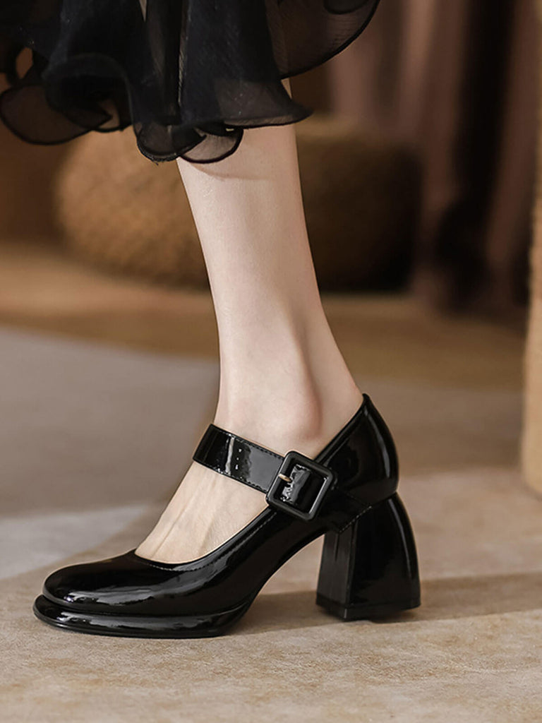 Retro Square-Toe High Heel Leather Shoes
