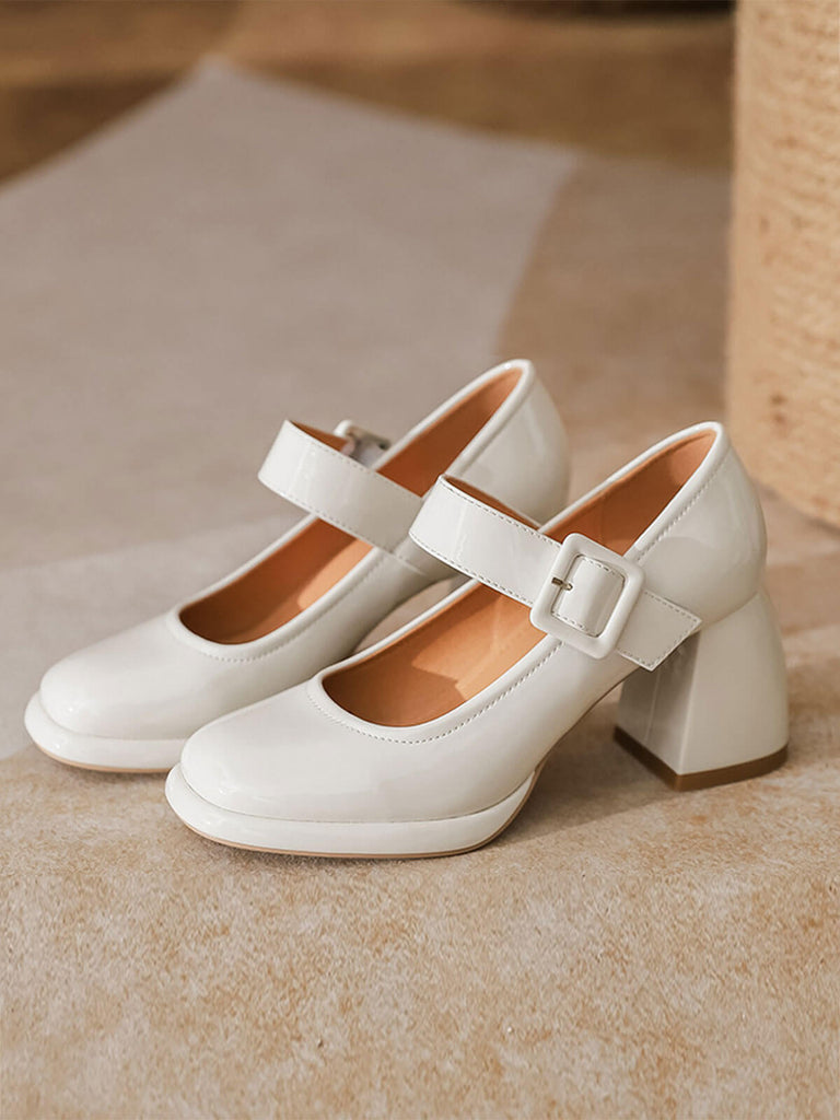 Retro Square-Toe High Heel Leather Shoes