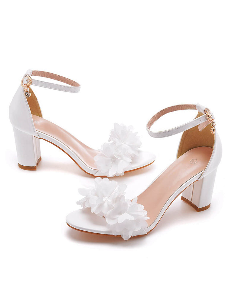 White 3D Flower Chunky Heel Sandals