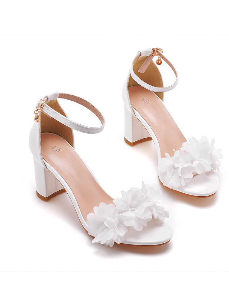 White 3D Flower Chunky Heel Sandals