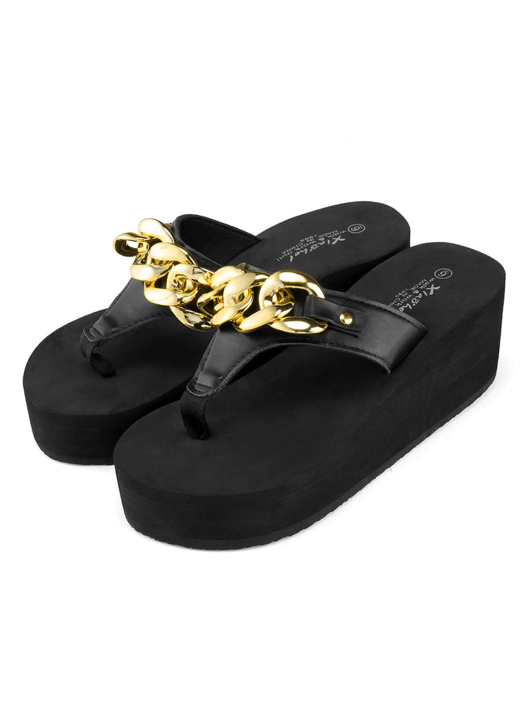 Metal Chain Wedge Flip Flop Slippers