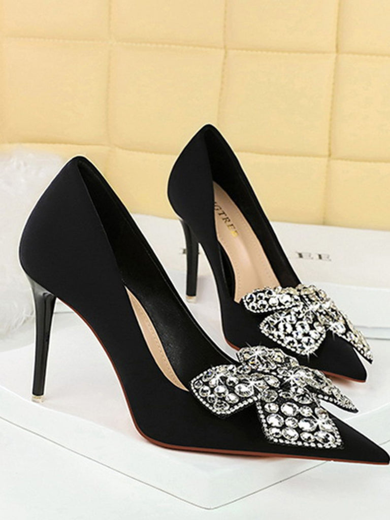 Black Rhinestone Satin Pointed Toe Stiletto Heels