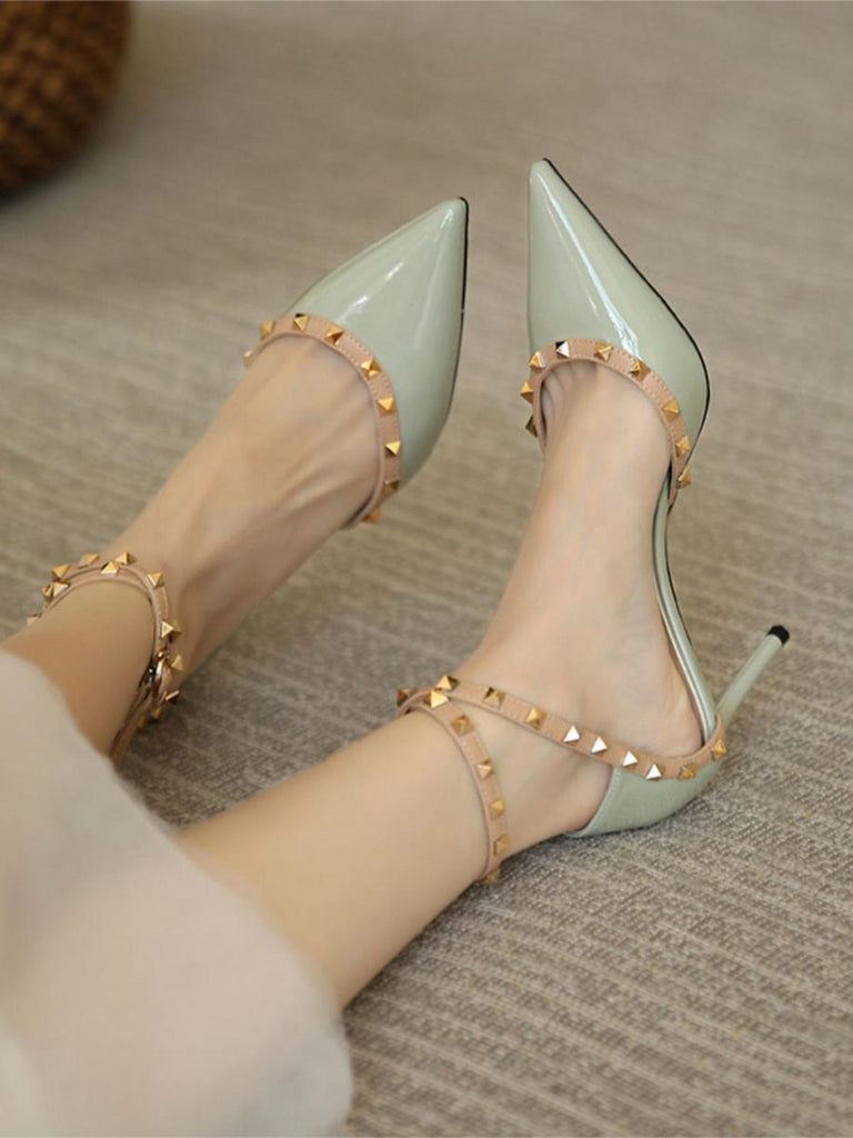 Green Pointed-Toe Studded Stiletto Heels