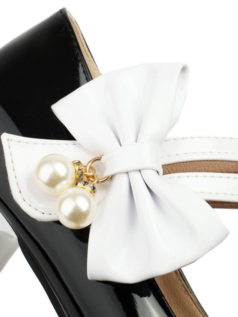 Mary Jane Color Block Side Bow High Heel Shoes