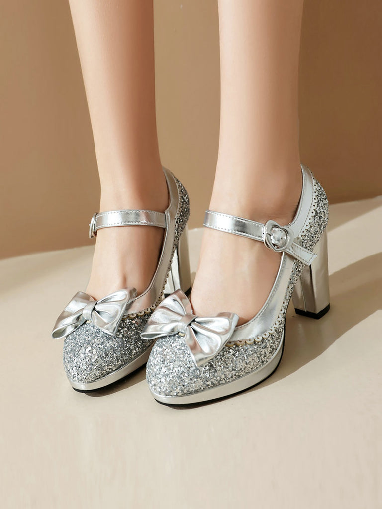 Sequined Bow Chunky High Heels