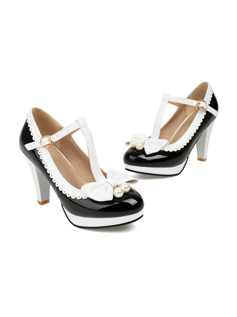 Retro Bow Pearl T-Strap Contrast High Heels Shoes
