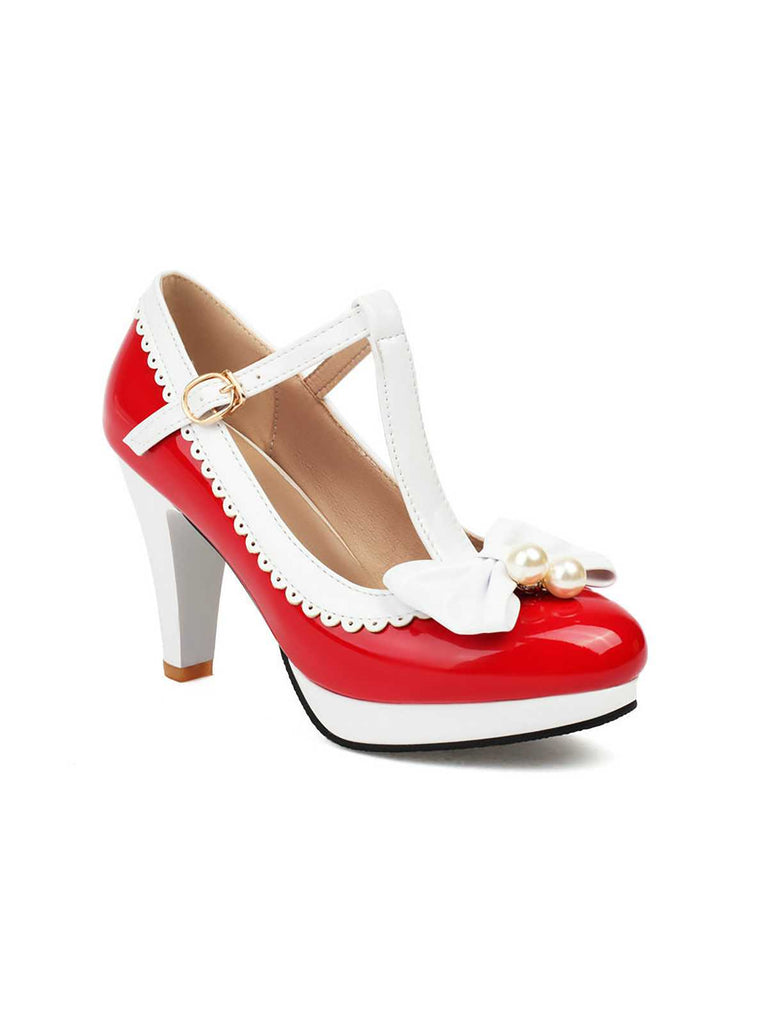 Retro Bow Pearl T-Strap Contrast High Heels Shoes