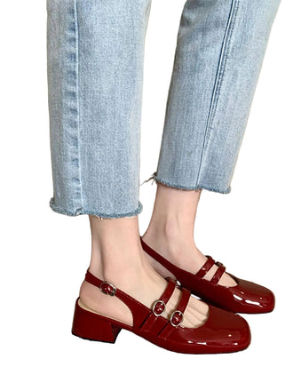 Mary Jane Double-strap Slingbacks Chunky Heels