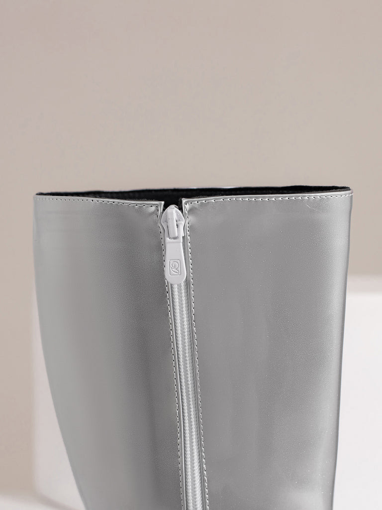 Patent Leather Round Toe Solid High Heel Boots