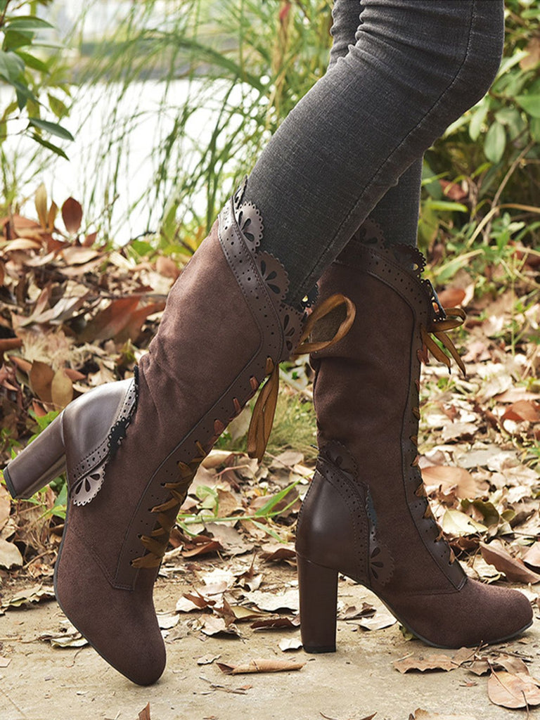 Leather Petal Edge Lace-Up Mid-Calf Boots