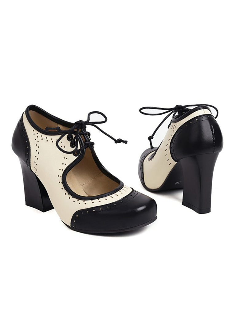 Vintage Hollow-Out Colorblock Lace-Up Heels