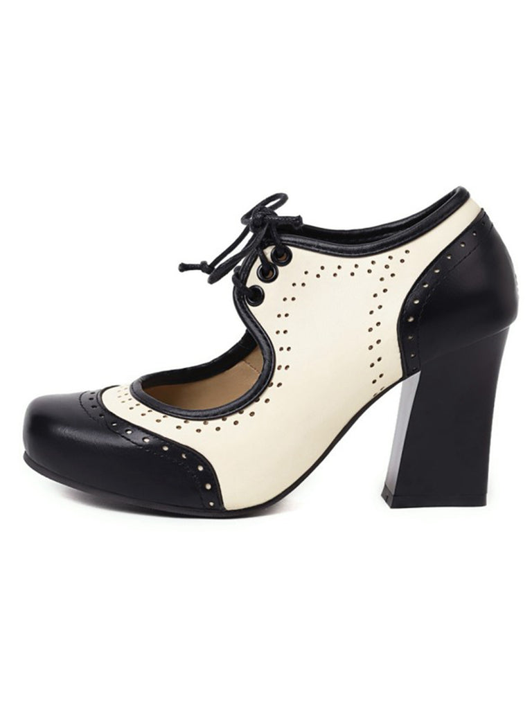 Vintage Hollow-Out Colorblock Lace-Up Heels