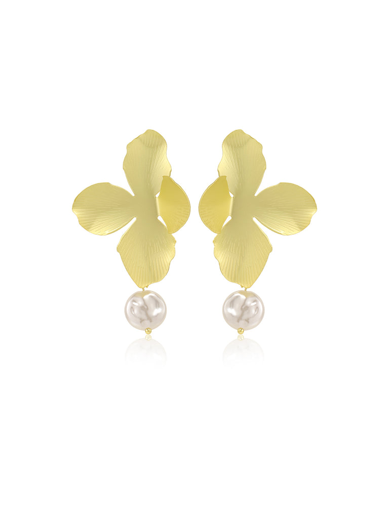 Vintage Alloy Gilt Flower Pearl Earrings