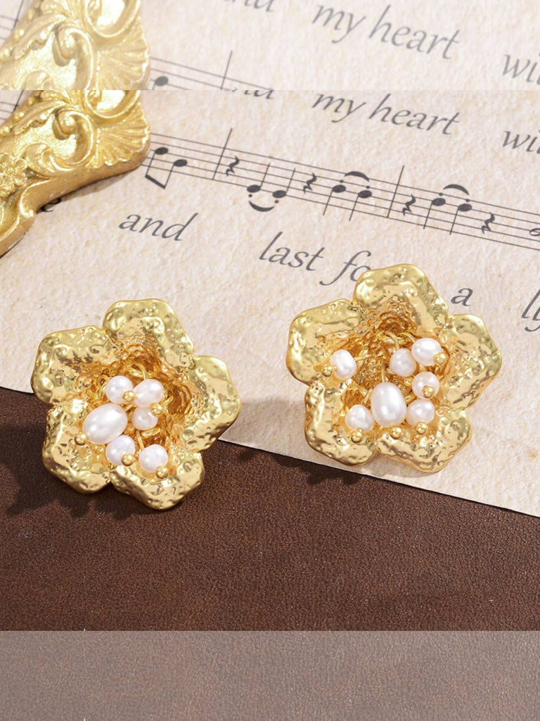 Vintage Golden Pearl Flower Earrings