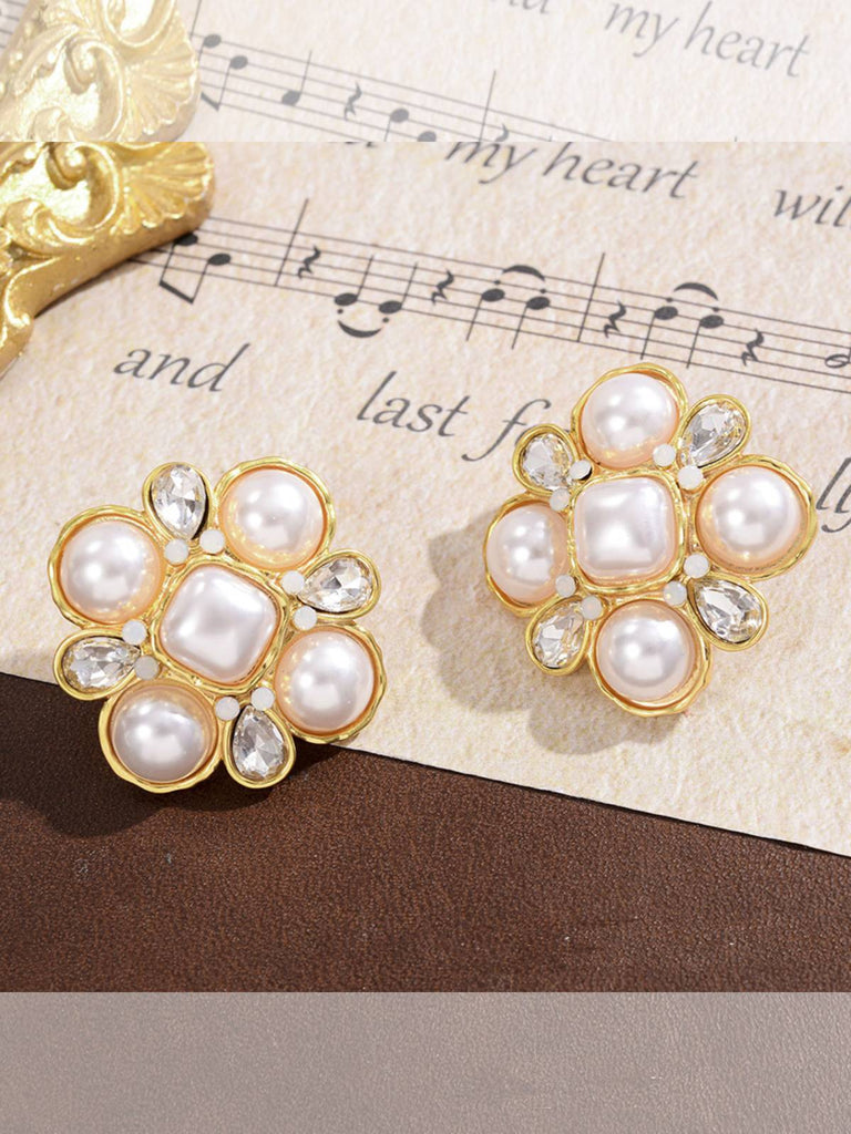 Pearl Flower Diamond Stud Earrings