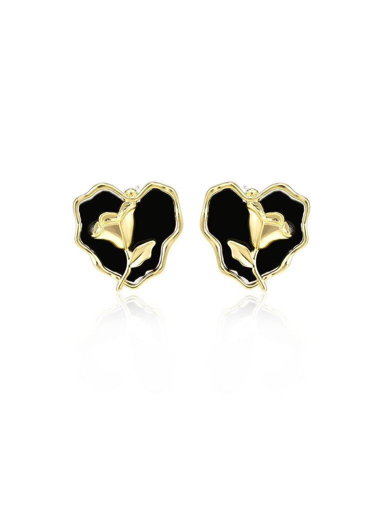 Black Heart Rose Stud Earrings
