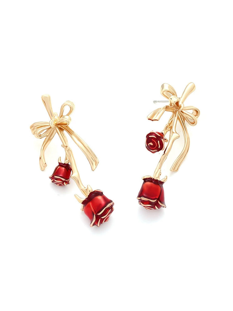 Retro Gold Ribbon 3D Rose Earrings