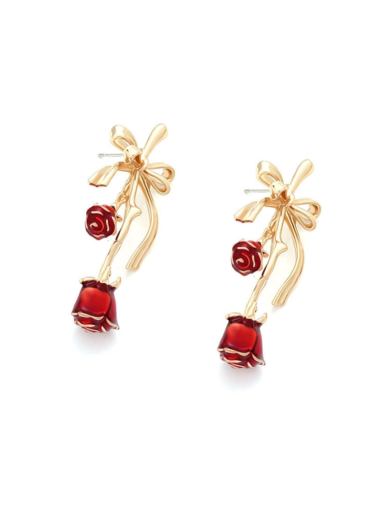 Retro Gold Ribbon 3D Rose Earrings
