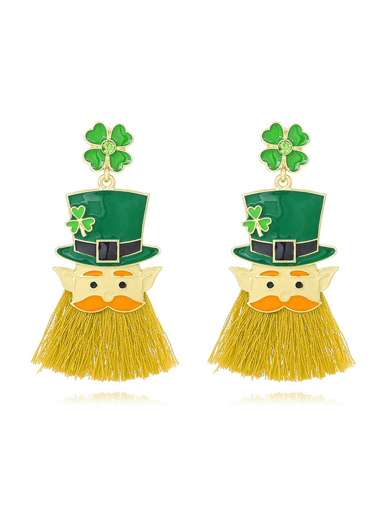 Green Lucky Leaf Rhinestone Tassel Earrings