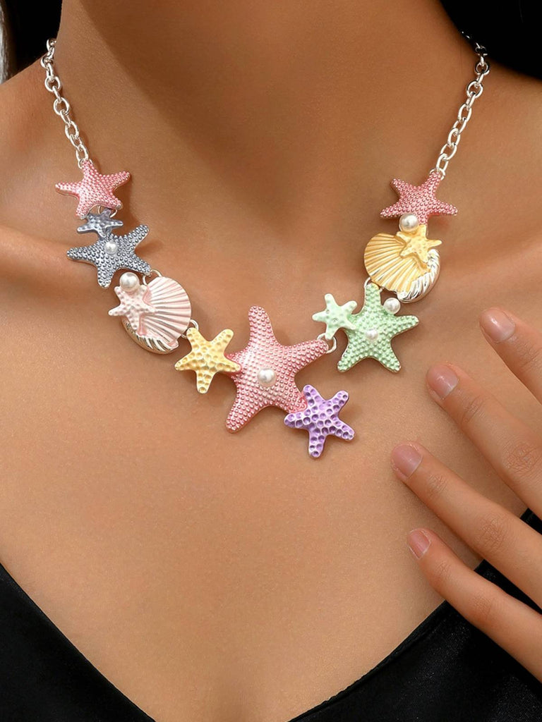 Starfish Seashell Pearl Inlaid Chain Necklace