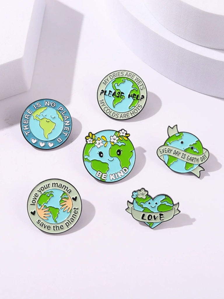 Cartoon Earth Day Letters Round Brooch