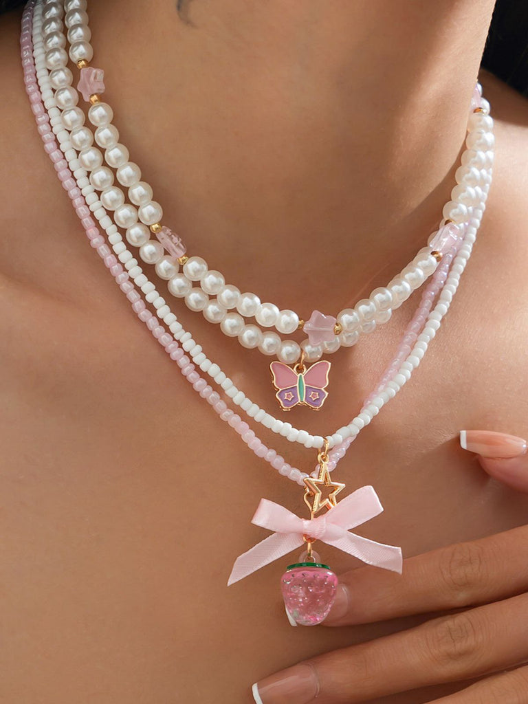 Pink & White Pearl Bow Butterfly Necklace Set