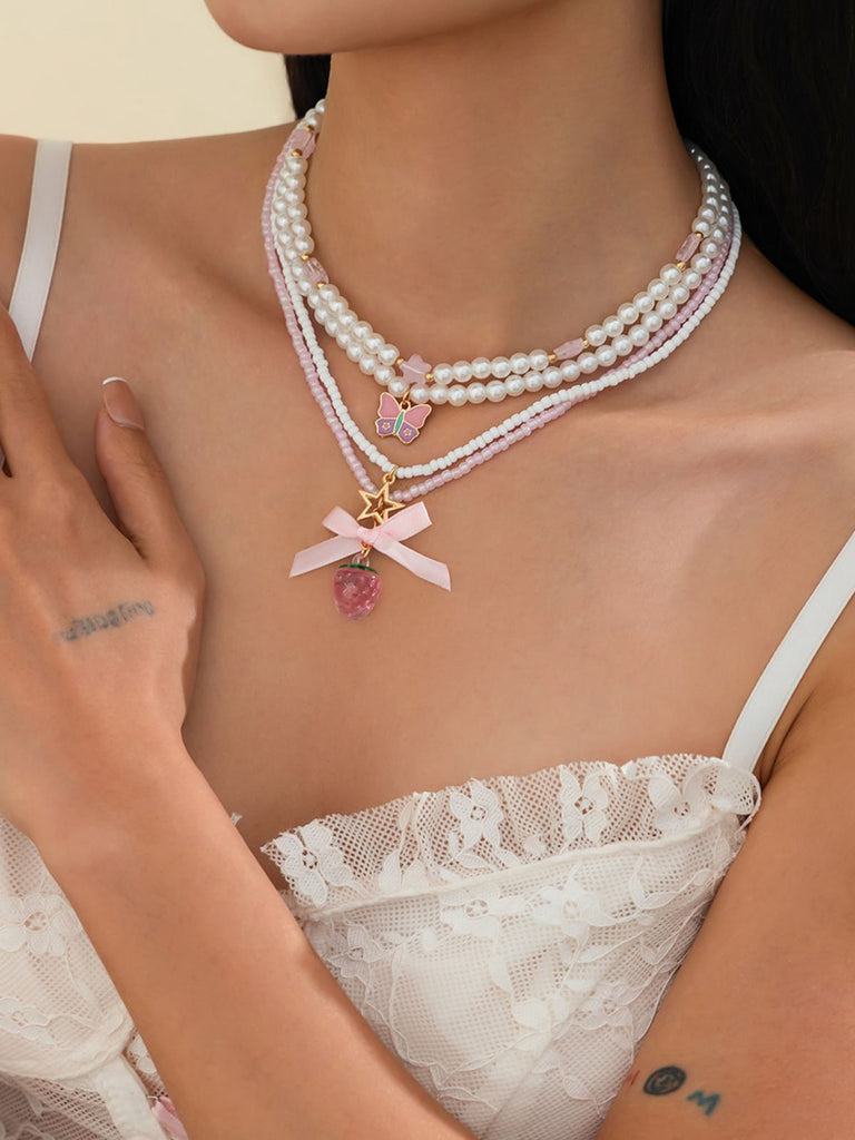 Pink & White Pearl Bow Butterfly Necklace Set