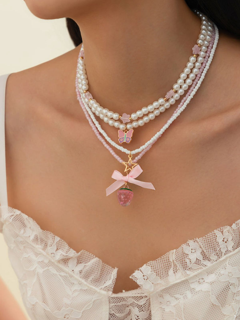 Pink & White Pearl Bow Butterfly Necklace Set