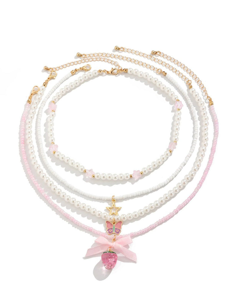 Pink & White Pearl Bow Butterfly Necklace Set