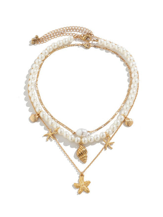 Starfish Seashell Pearl Layered Chain Necklace
