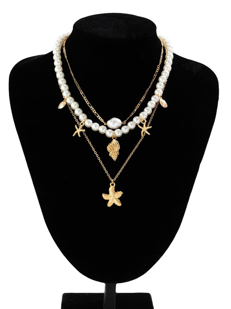 Starfish Seashell Pearl Layered Chain Necklace