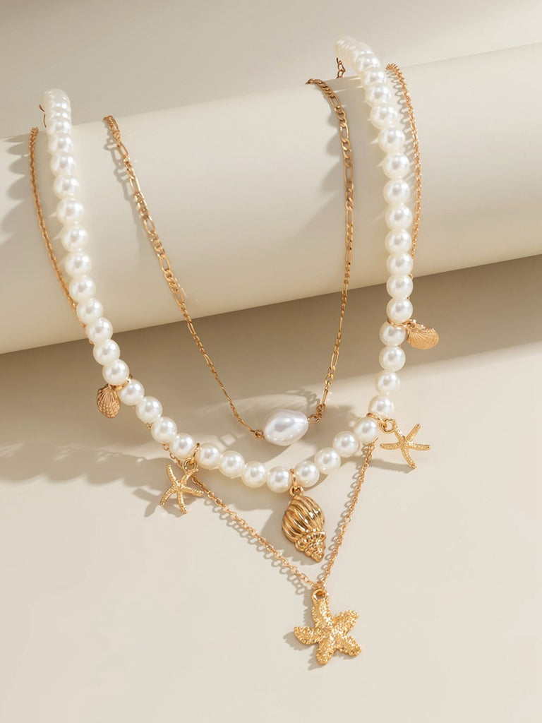Starfish Seashell Pearl Layered Chain Necklace