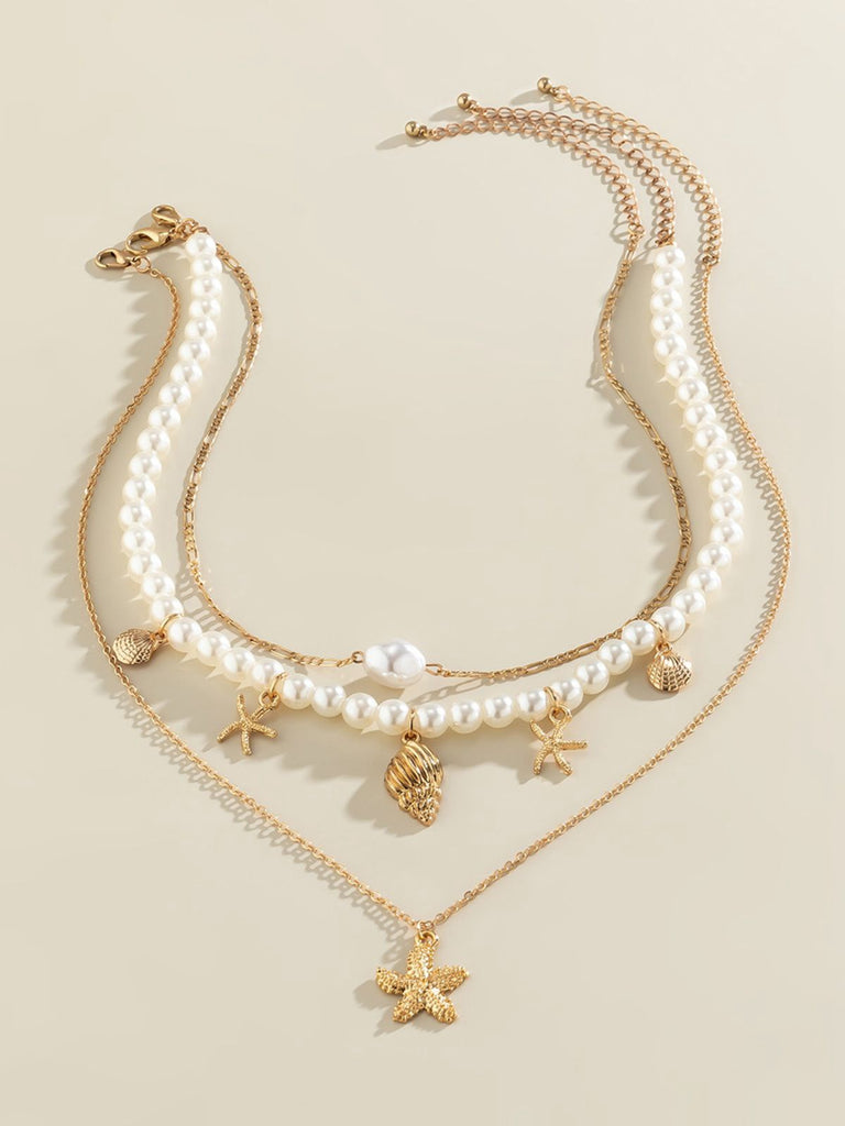 Starfish Seashell Pearl Layered Chain Necklace