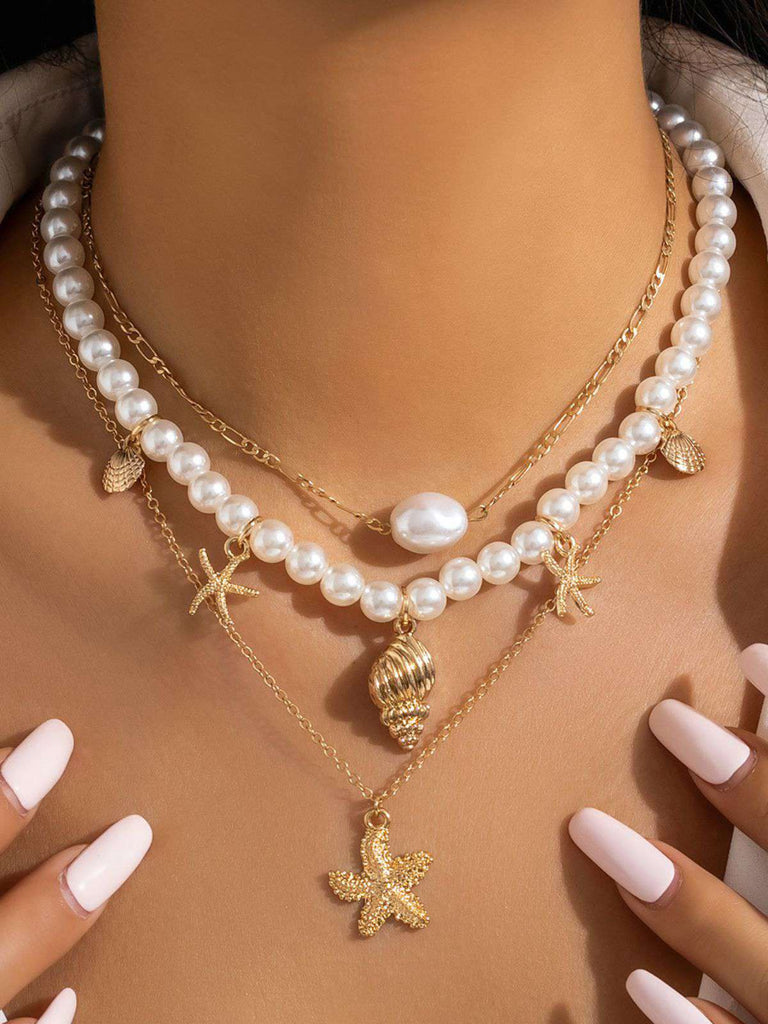 Starfish Seashell Pearl Layered Chain Necklace