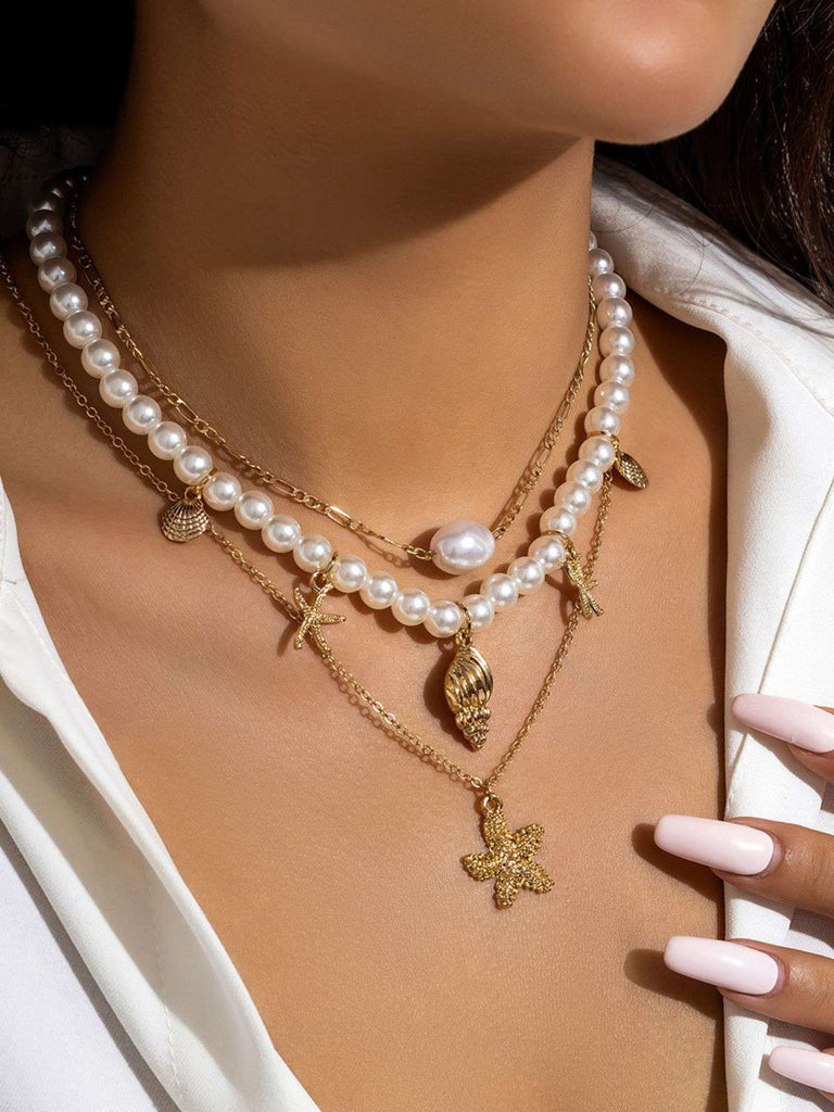 Starfish Seashell Pearl Layered Chain Necklace