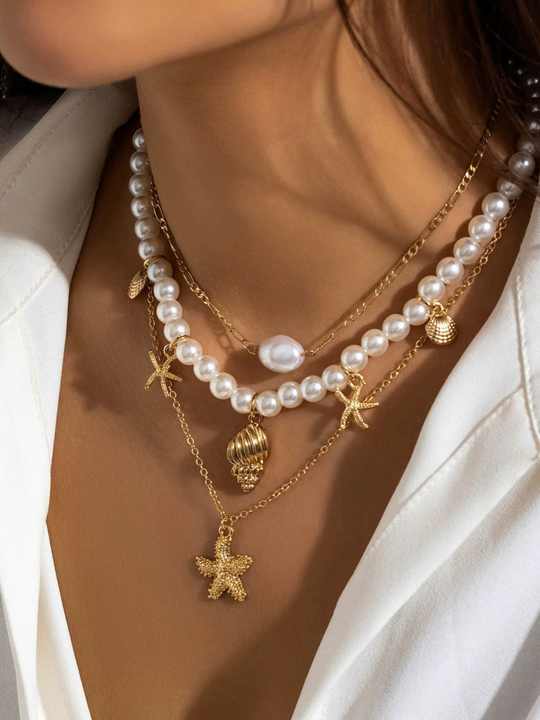 Starfish Seashell Pearl Layered Chain Necklace