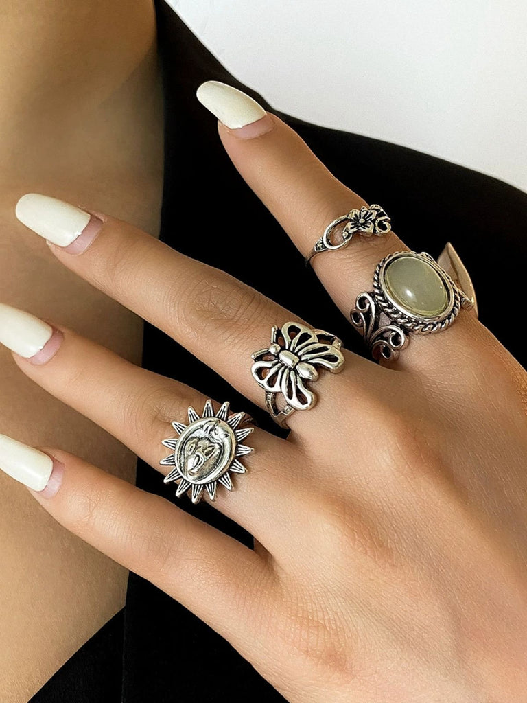 Silver Vintage Hippie Butterfly Floral Ring Set