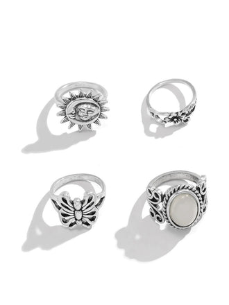 Silver Vintage Hippie Butterfly Floral Ring Set