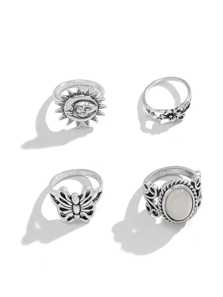 Silver Vintage Hippie Butterfly Floral Ring Set