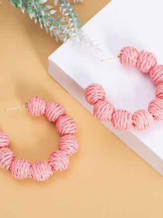 Chunky Braided Raffia Ball C-Hoop Earrings