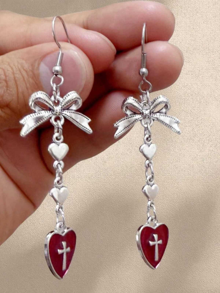 Vintage Gothic Cross Heart Bowknot Dangle Earrings