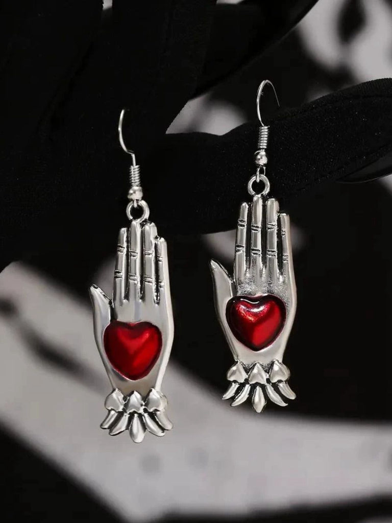 Red & Silver Vintage Gothic Heart Glove Earrings