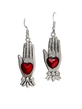 Red & Silver Vintage Gothic Heart Glove Earrings